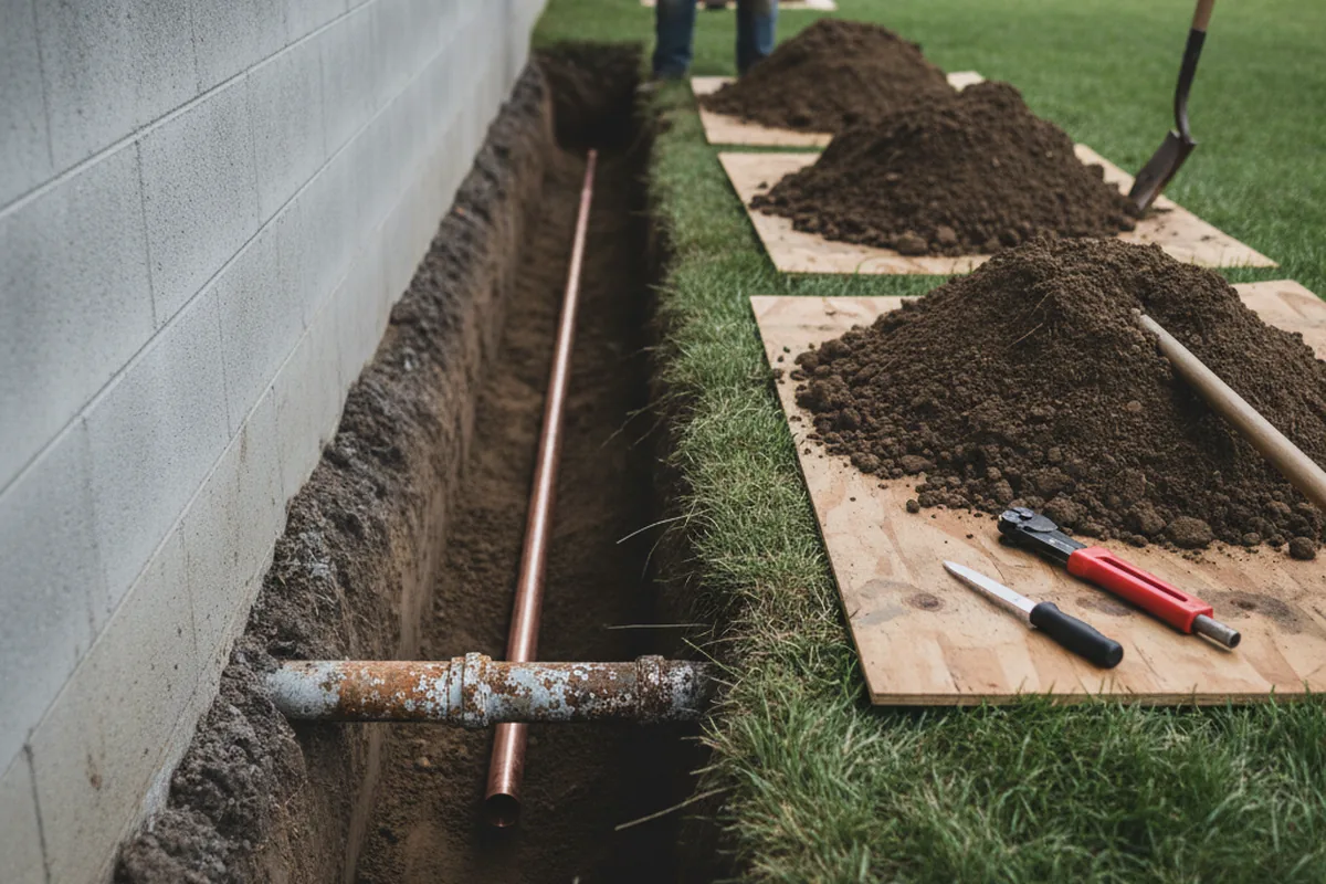 Excavated water line trench during Sewer Line Repair in Nashua